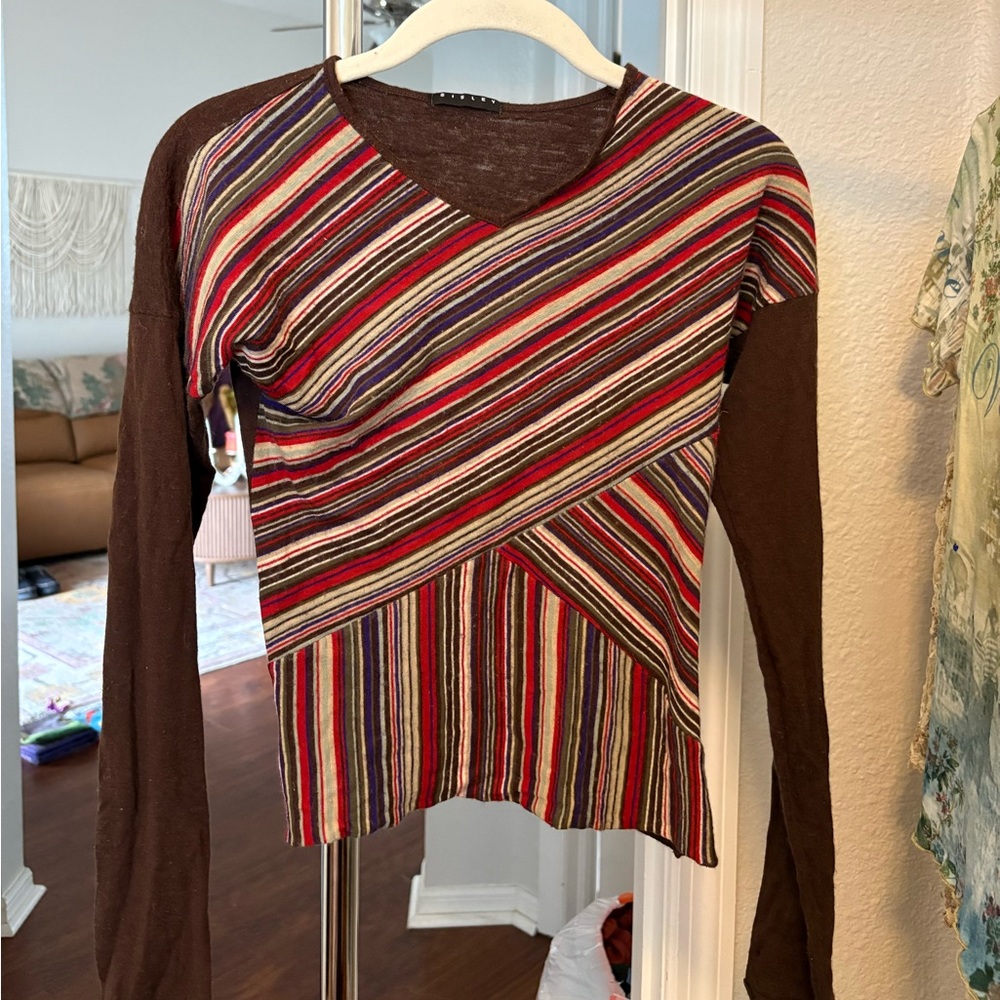 Striped Diagonal Panel Long Sleeve Sweater - Brown with Multicolor Stripes